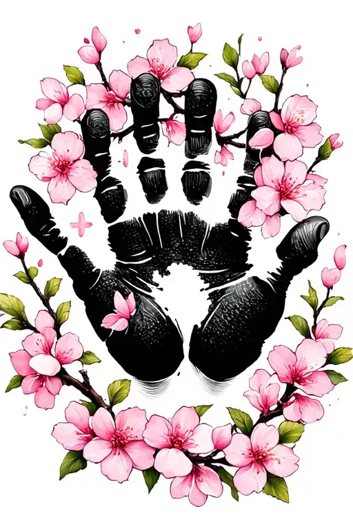 black and white baby hand print with pink cherry blossoms tattoo design idea