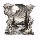 A tattoo design inspired by the Yellowstone TV series, featuring a rugged landscape with a river and mountains tattoo design idea