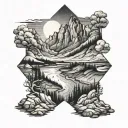 A tattoo design inspired by the Yellowstone TV series, featuring a rugged landscape with a river and mountains tattoo design idea