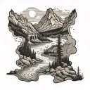 A tattoo design inspired by the Yellowstone TV series, featuring a rugged landscape with a river and mountains tattoo design idea