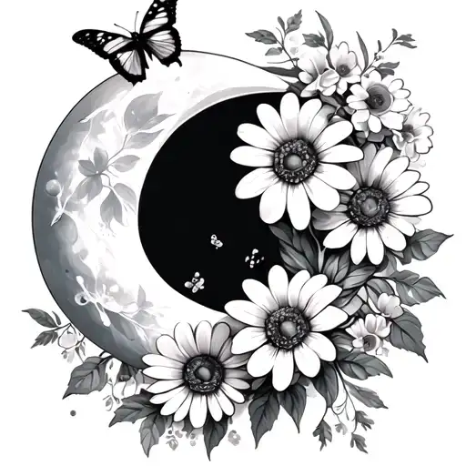 Half moon with margueritte and work flowers with a butterfly tattoo design idea