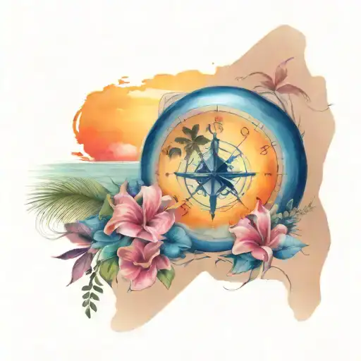 tropical beach sleeve tattoo with anchor and compas amd sunset tattoo design idea
