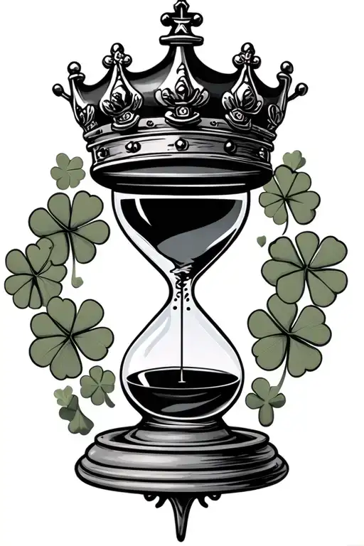 hour glass chess king crown and 4 leaf clover surrounding on the bottom put a balance  scale  tattoo design idea