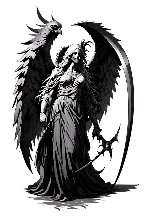 angel of death with a scythe and majestic wings spread wide in front of a phoenix  tattoo design idea