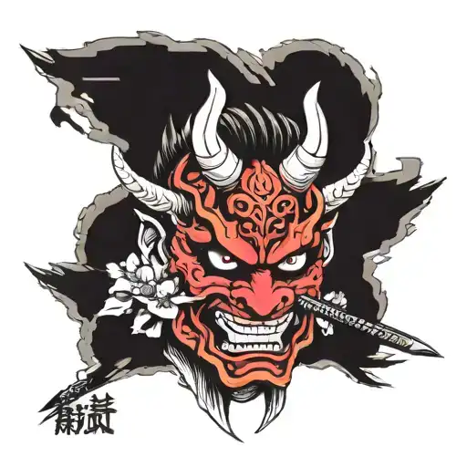 black and red oni mask pierced with sword. cherry blossoms around it. and the japanese kanji for "strength" on forehead tattoo design idea