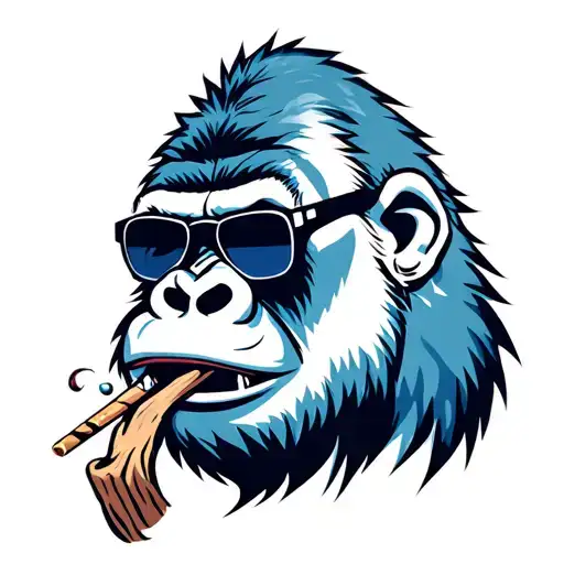 gorilla wearing sunglasses, with a pierced lip and ears, biting a splintered wooden toothpick in full color tattoo design idea
