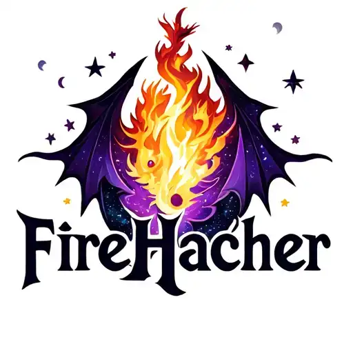 Make a logo for word "FireHacher." Fire breathing space dragon, stars, moons, more purple galaxy, more dragon element tattoo design idea