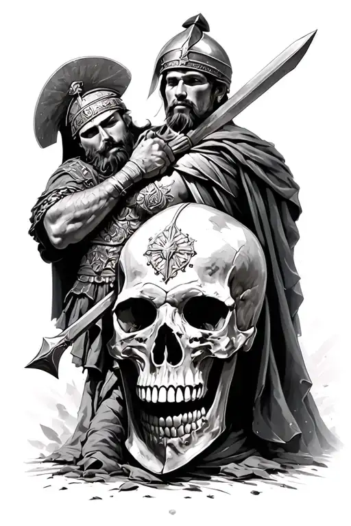 Roman soldier in battle with skull tattoo design idea