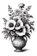 delphinium marigold and poppy in a pretty vase tattoo design idea