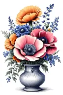 delphinium marigold and poppy in a pretty vase tattoo design idea