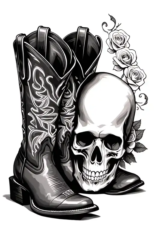 cowboy boots and cowboy skull with roses tattoo design idea