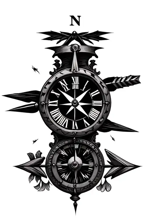 half clock roman numeral have compass with an arrow piercing both upwards and across tattoo design idea
