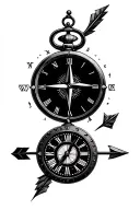 half clock roman numeral have compass with an arrow piercing both upwards and across tattoo design idea