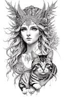 freya goddess bust with small cat  tattoo design idea