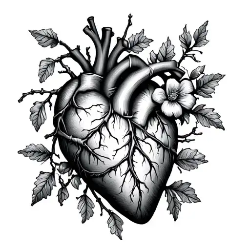 organic heart, sutured by brambles, with a flowery snow tattoo design idea