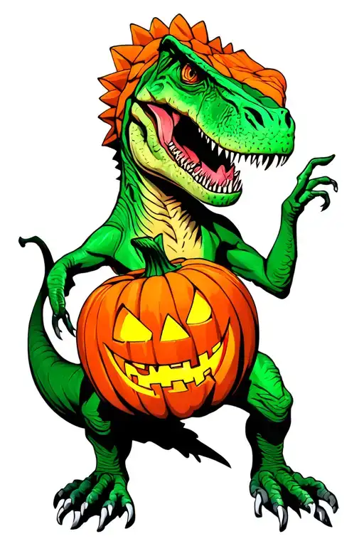 trex wearing a carved pumpkin over it's face tattoo design idea