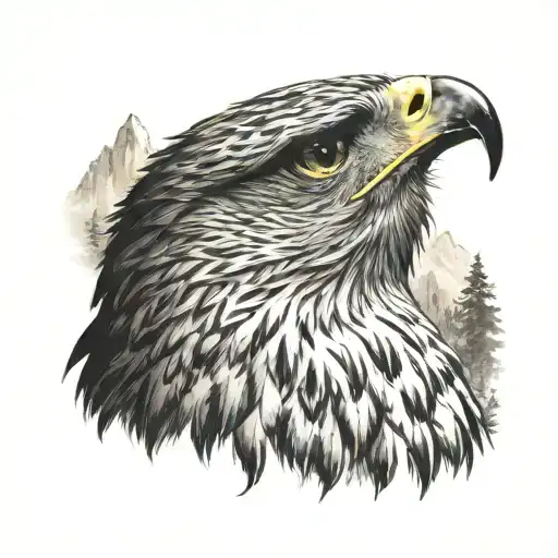hawk head gazing into a mountain valley tattoo design idea