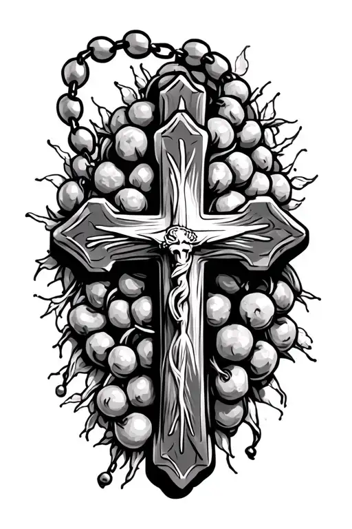 Simple,  engraved cross wrapped in a rosary tattoo design idea