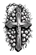Simple,  engraved cross wrapped in a rosary tattoo design idea