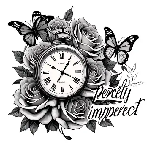 "Perfectly imperfect " roses money butterflies and a time piece  tattoo design idea
