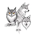 A tattoo design of the bond between a owl, wolf, and fox to represent family and resilience tattoo design idea