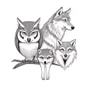A tattoo design of the bond between a owl, wolf, and fox to represent family and resilience tattoo design idea