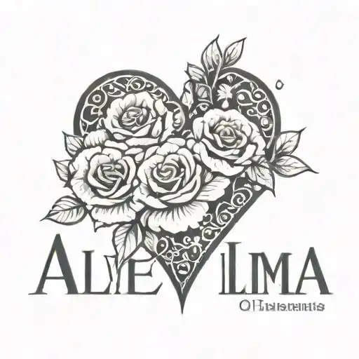 The name "Alma" in a cool font with a heart next to it filled in with rose patterns. tattoo design idea