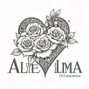 The name "Alma" in a cool font with a heart next to it filled in with rose patterns. tattoo design idea