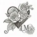 The name "Alma" in a cool font with a heart next to it filled in with rose patterns. tattoo design idea