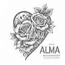 The name "Alma" in a cool font with a heart next to it filled in with rose patterns. tattoo design idea