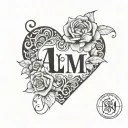 The name "Alma" in a cool font with a heart next to it filled in with rose patterns. tattoo design idea