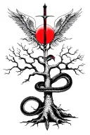poison tree with snake wrapped around the tree with red moon in back and angel above with a sword  tattoo design idea