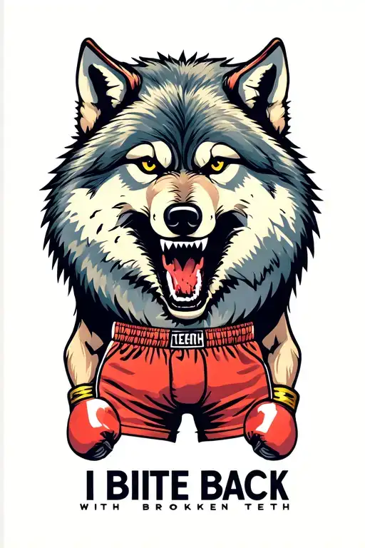 "I bite back with broken teeth" Wolf with teeth knocked out in boxer shorts and boxing gloves tattoo design idea
