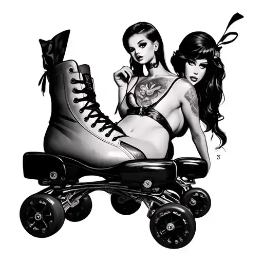 sexy pinup wearing quad skates sewing tattoo design idea