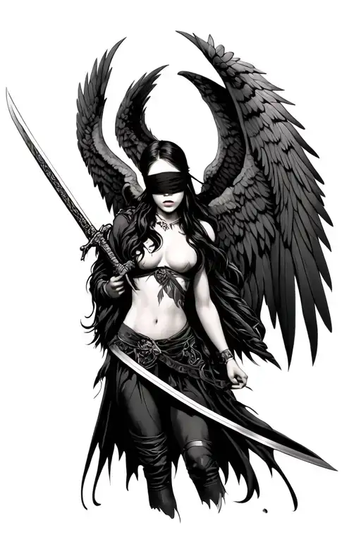 I want a blindfolded japan woman with i want a dark angel with its wings spread out and he is holding a sword and behind tattoo design idea