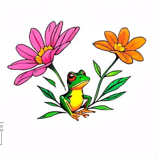 tiny cute frog looking at a colorful flower tattoo design idea