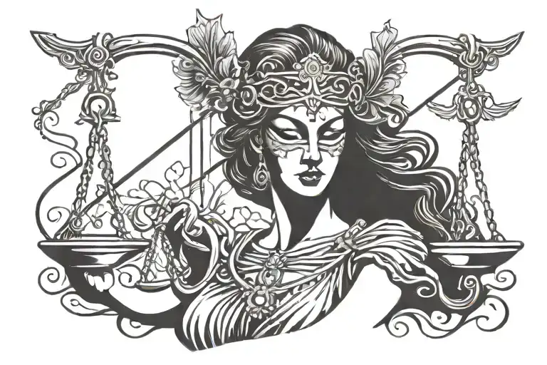 The face of the goddess of justice Themis, sword, scales, blindfold, liquid flowing from under the blindfold. tattoo design idea