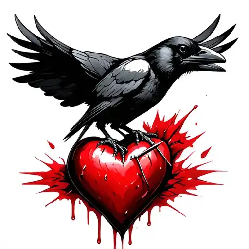 crow sitting on a bleeding heart with nails stabbing the heart tattoo design idea