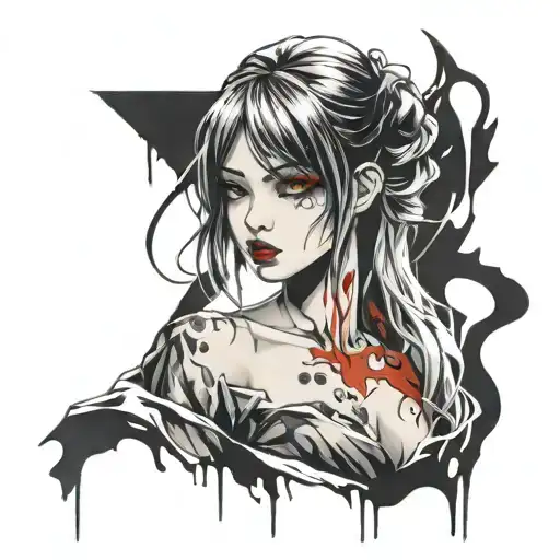 Black And White Anime Girl gore horror gothic Style  tattoo design idea