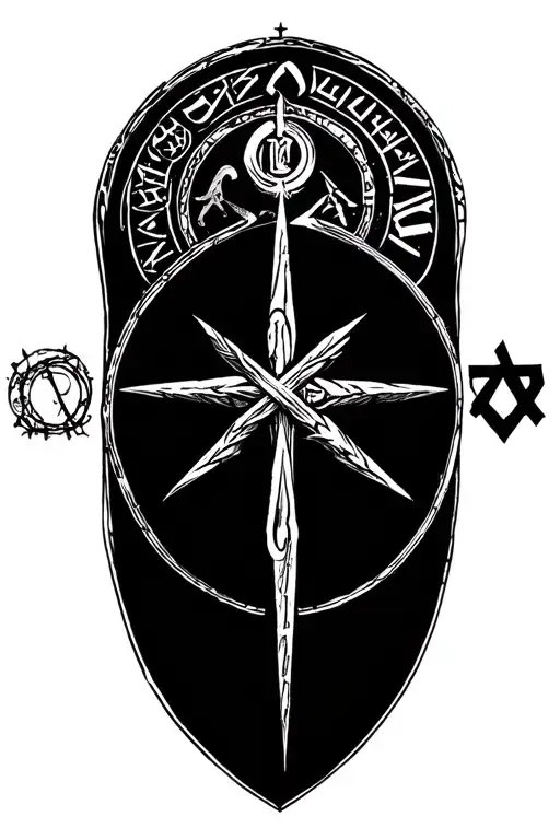 Vegvísir in the center with around the vegvisir a circle of futhark runes (Tiwaz (ᛏ): courage, victory, honor • Algiz (ᛉ tattoo design idea
