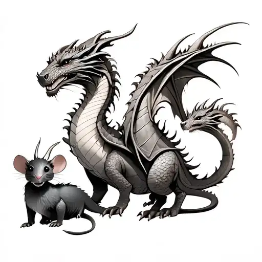 Resemblance of a family of 3 Zodiac dragons and 1 Zodiac rat. Dragons: elder, adult, and young. Rat: adult. tattoo design idea