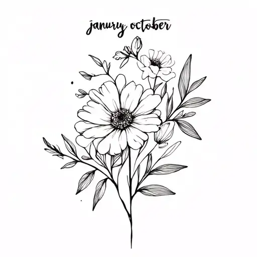 a fine line minimalist birth flower bouquet with the months january august and october   tattoo design idea