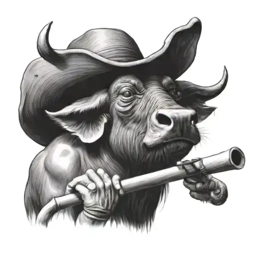 water buffalo & Straw hat farmer playing flute tattoo design idea