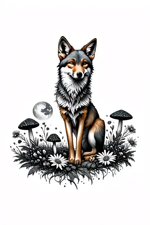 coyote and edelweiss moon and mushrooms and flowers tattoo design idea