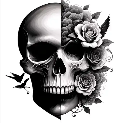 Half skull half female face tattoo in the clouds, added some roses and some bird to make this tattoo look manly tattoo design idea