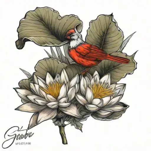 water lily flower, lark spur flower and cardinal perched tattoo design idea
