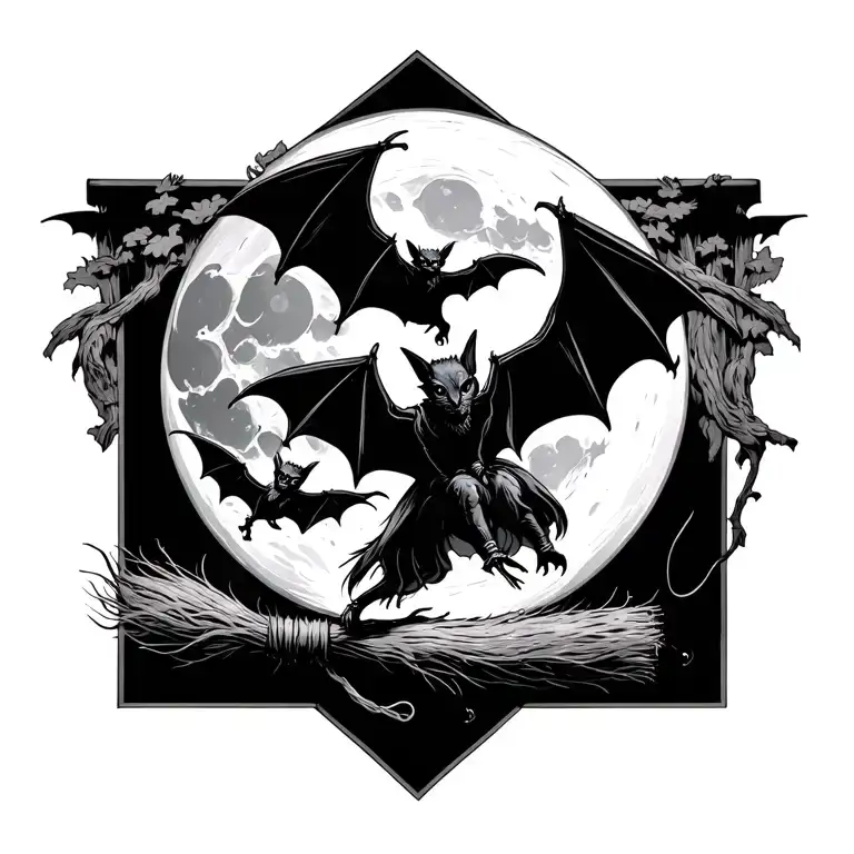 moon flying bats yorkalier on a broom tattoo design idea