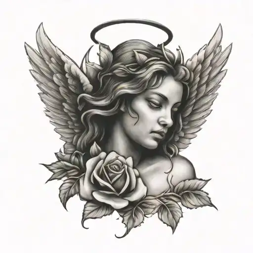 angel with roses biblical tattoo design idea