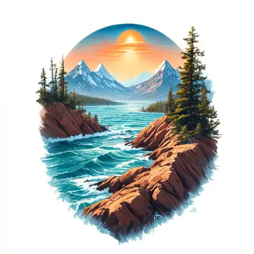 Rocky Mountain desert ocean landscape intertwined tattoo design idea