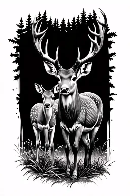 buck and baby doe walking together tattoo design idea